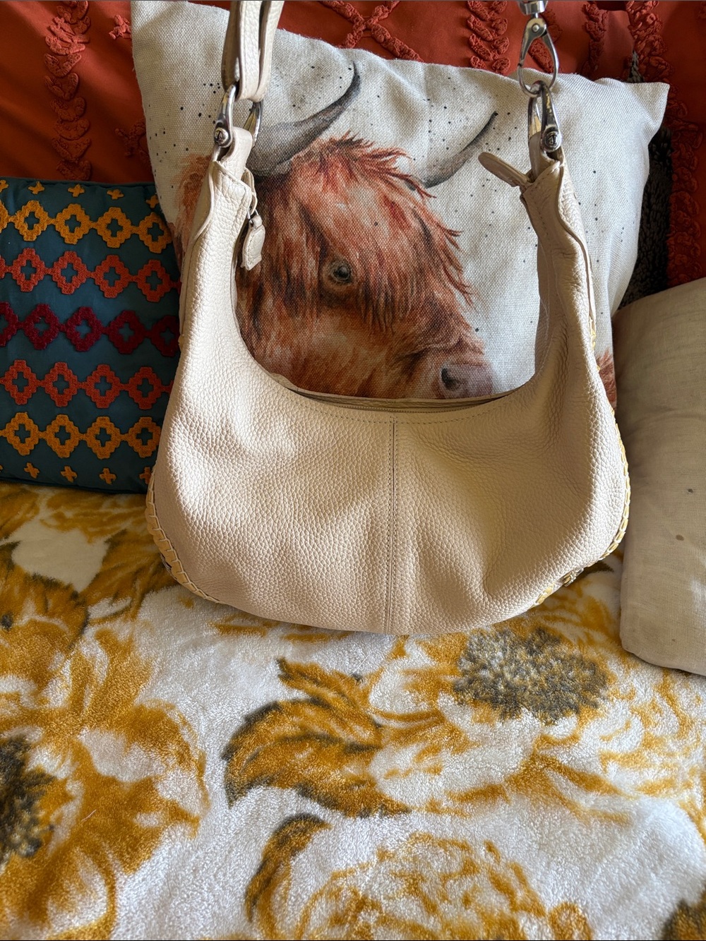 Brighton embroidered Cream Pebbled Leather Shoulder Hobo